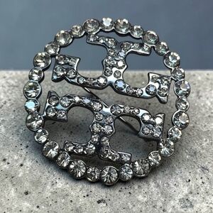 Tory Burch Silver Crystal Double-T Round Brooch
